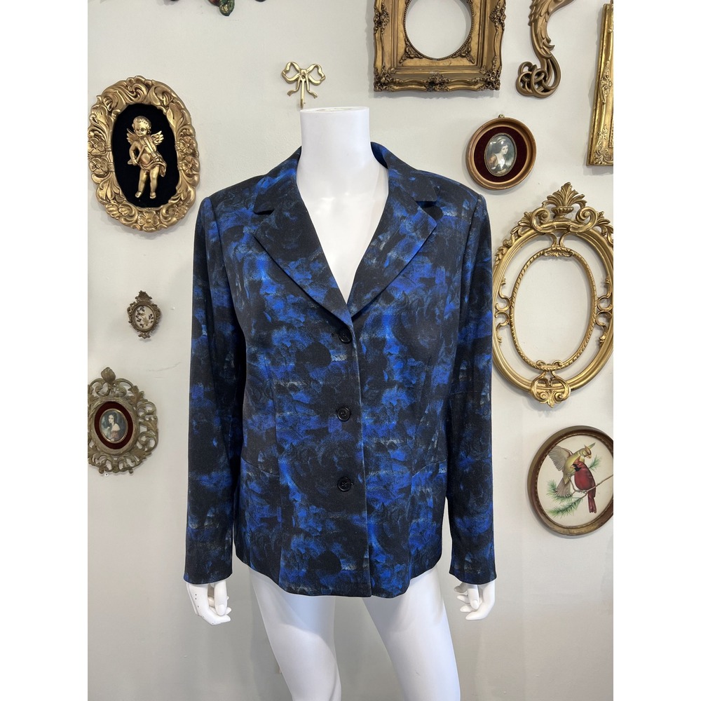 Lafayette 148 New York Blue Black Abstract Floral Print Wool Blend Blazer Size L
